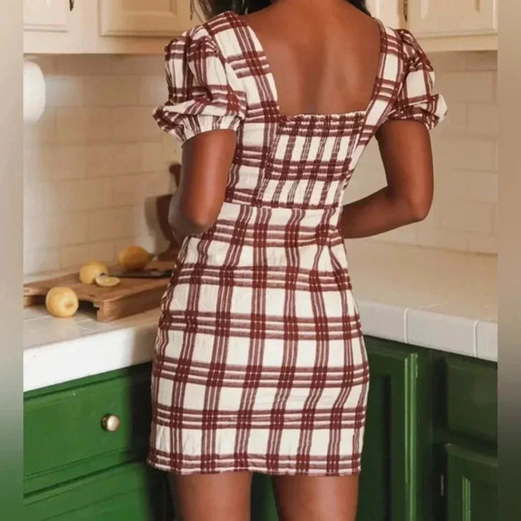 SAGE THE LABEL Tennessee Brown Plaid Puff Sleeve Mini Dress / Size Small / - Picture 4 of 11